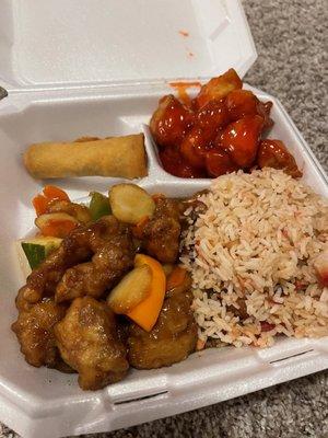 Orange chicken, sweet & sour chicken, spring roll, and pork fried rice