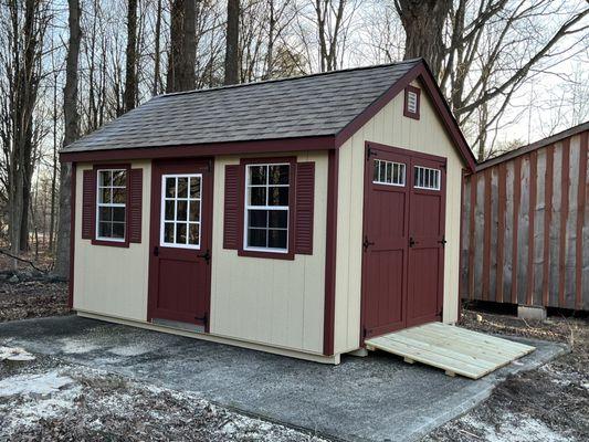 10 X 14 shed installed at my house. Customized with my colors, windows, doors and design.