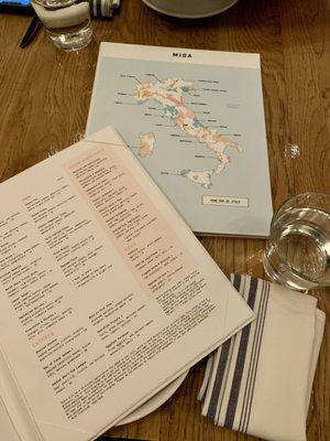 Menu and wine map of Italy