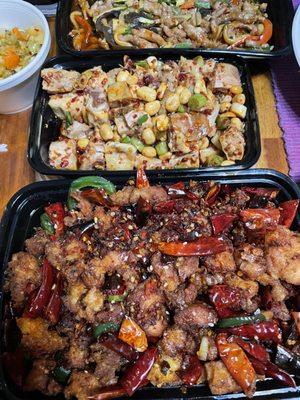 405. Yushiang Pork (top) 121. Sichuan Diced Chicken (middle)  501. Meizhou Chili Chicken (bottom)