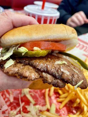 Double hamburger no cheese, Freddy's special fry sauce, grilled onions, lettuce, and pickles.