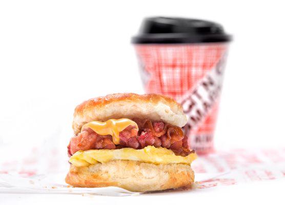 Treat yourself to a freshly baked biscuit with sizzling hot bacon, a made to order egg, and melty American cheese.