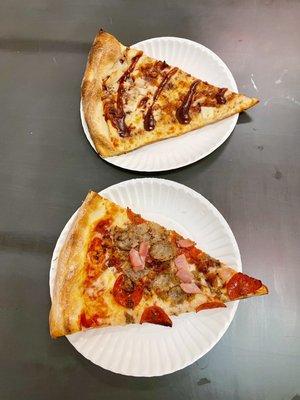 BBQ Chicken and All Meat pizza