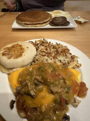 Big English Muffin, Crispy Hash Browns!  I asked to smother the omelette with green chile!  So good!