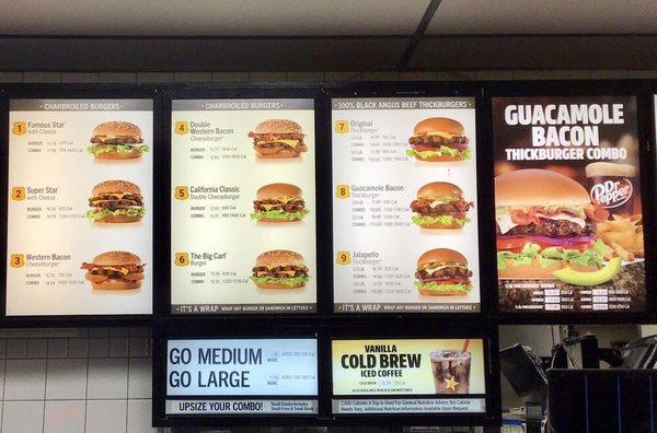 The "burger section" of the menu board.