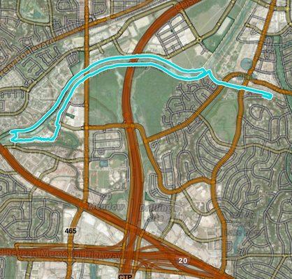 Section beginning on feeder stream west of Bellaire, continuing to the Trinity River, following the north shore to the west to Hwy and back