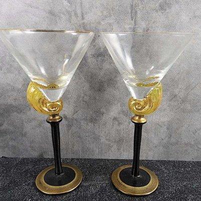 Elena of Germany Art Glass Martini Glasses, conch shell motif, set of 2, c.1980-1990