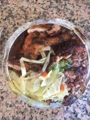 jerk lunch speshy.  $5    SEEN! Nicely cooked chicken and the rice and peas + cabbage taste freshly made.