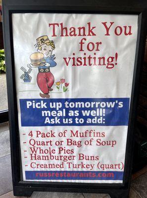 Thank you for visiting! sign at Russ' Grandville