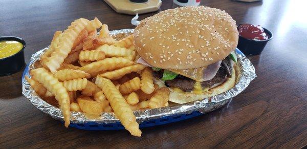 RW Burger with fries and a drink.