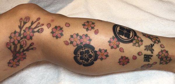 Added the cherry blossom branch, more falling blossoms and my dad & mom's mon (Japanese family crest).