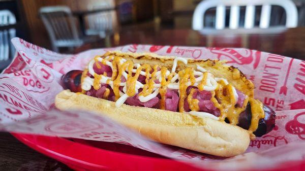 Built my own, hot blonde mustard,  mayo and pickled red onions.  IG: poprockphotography