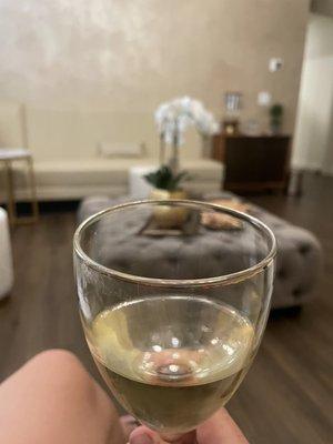 Relaxing with my wine in the lounge before my facial.