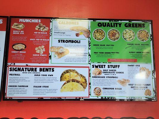 Munchies, Calzones, Bents, Salads & Dessert Menu