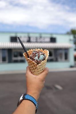 Cookie Monster Ice cream with Lolly Sauce