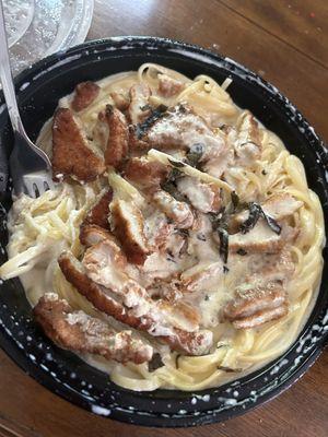 Fettuccini Alfredo with chicken cutlet & fresh basil