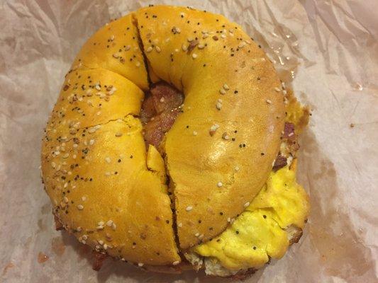 My all time favorite- eggs bacon and hot sauce in egg everything bagel. LOVE LOVE LOVE!