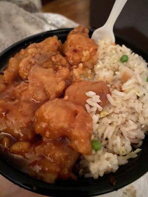 Orange chicken and vegetable fried rice