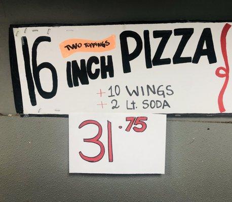 Medium pizza (2 free toppings) + 10wings + 2lt soda for $31.75