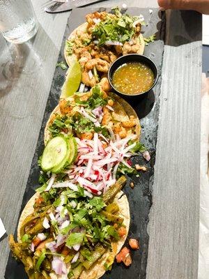 Nopales (cactus), shrimp, and chicken tacos