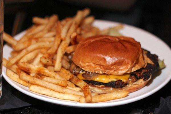 Black Pearl Burger ($20) - Two 4oz house blend patties, American cheese, caramelized shallot, Black Pearl sauce, thyme fries