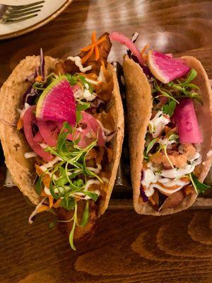 3 Fish Tacos - with watermelon radish, pickled onions, and micro-greens on top. Beautiful presentation and delicious!