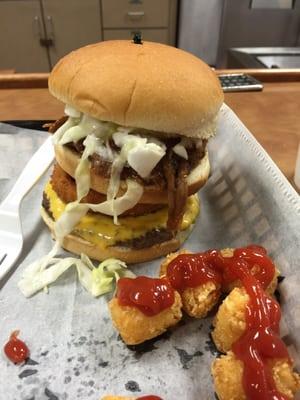 The Zone (burger) with tator tots.