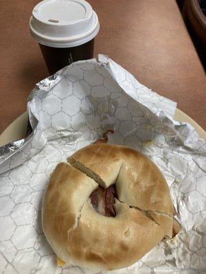 Breakfast bagel sandwich with bacon egg and cheese. Just as I ordered it.