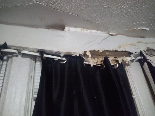 Ceiling collapsing from water damage, leaking with no word on fixing it going on 2 week's now.