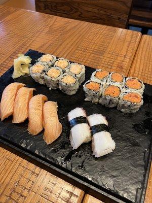 Spicy Kani, spicy tuna, octopus, and seared salmon