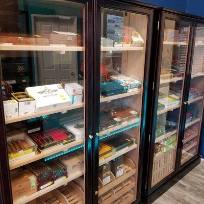 Premium and popular cigars in humidor cabinets