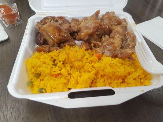 Bourbon chicken, coconut chicken and fried rice.