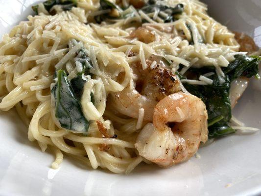 Shrimp & Spinach Alfredo Pasta - lots of shrimp & sauce, generous portion and DELICIOUS!!!  Very reasonable price!!  Two thumbs up!!