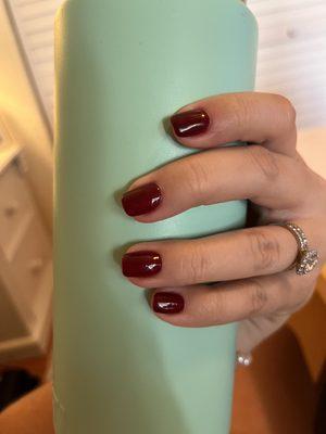 Apres gel manicure ($70), The color is OPI Malaga Wine.