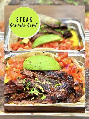 Steak Burrito Bowl (Contains Rice, Black Beans, Pico de Gallo, Avocado, and Steak on Tortilla)