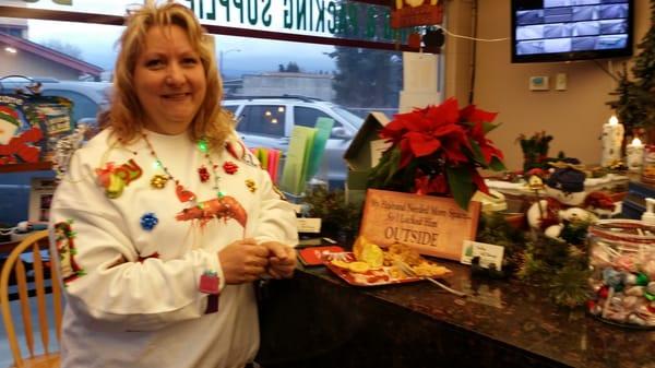 Jeanine manager from Post Falls took first in our Ugly Christmas Sweater contest.Christmas shrimp? She was all decked out.