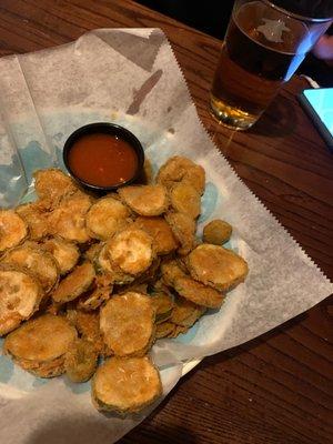 Fried dill pickles with TNT hot sauce