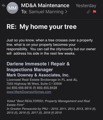 Response from property manager