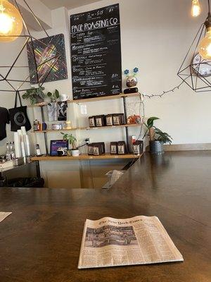 Great menu of fresh locally roasted coffees available brewed pour over as u wait. NYT also available with your coffee.