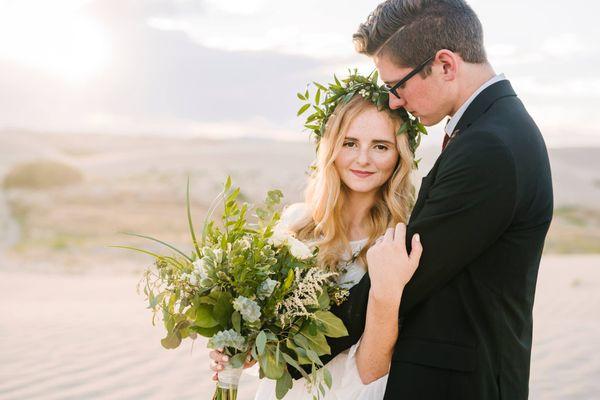 Silver dollar eucalyptus, and gunni eucalyptus, Italian ruscus, and fun greenery, make a wonderful bridal bouquet and flower crown.