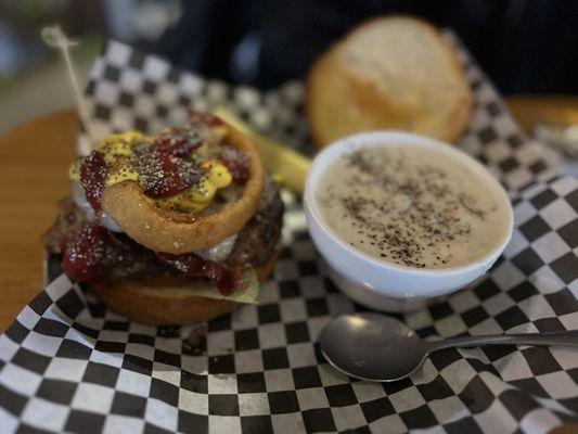 Western Burger with clam chowder