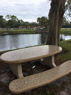 Picnic tables and free parking in the background