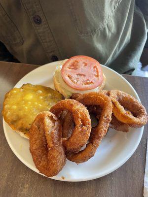 Burger with cheddar and onion rings