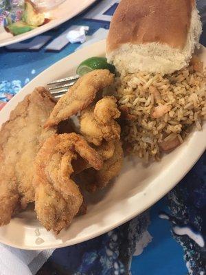 Fried fish, shrimp and shrimp fried rice