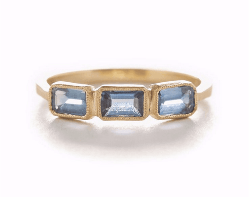 Sapphires in 18K yellow gold ring by sustainable jeweler and designer Jennifer Dawes.