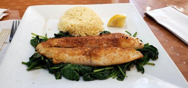 Flounder on a bed of Spinach w/Rice.