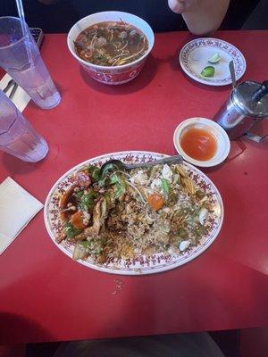 M-6 kung pao chicken, fried rice, and chicken chow mien