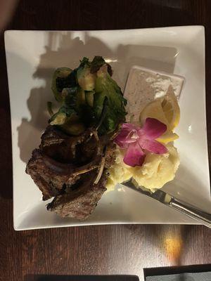 Greek lamb, mashed potatoes, truffle Brussels that could use trimming but otherwise delicious.