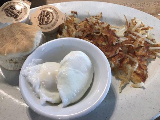 2 eggs poached, hash browns, biscuit