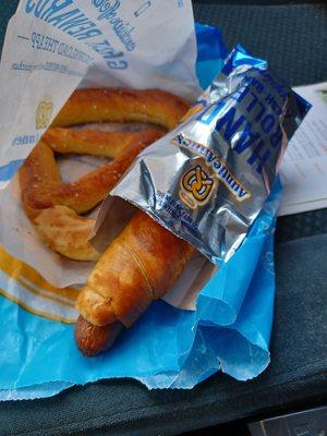 Original pretzel, $3.49.  Pretzel Dog, $3.99.